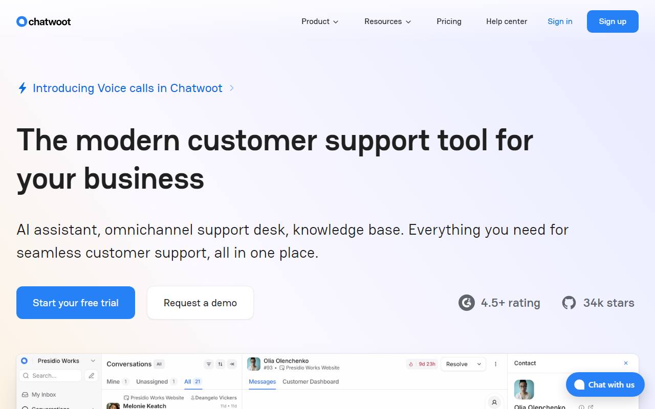 Screenshot of Chatwoot — popular alternative to Intercom
