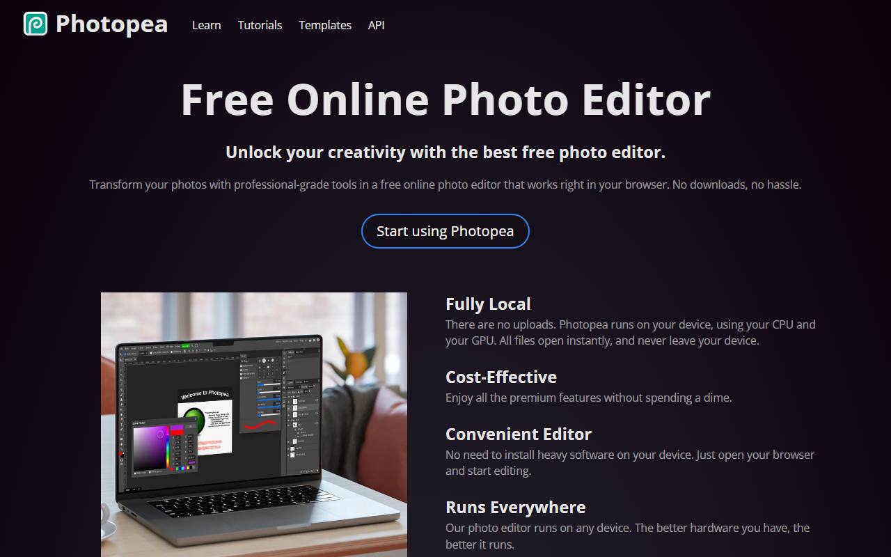 Screenshot of Photopea — popular alternative to Adobe Photoshop