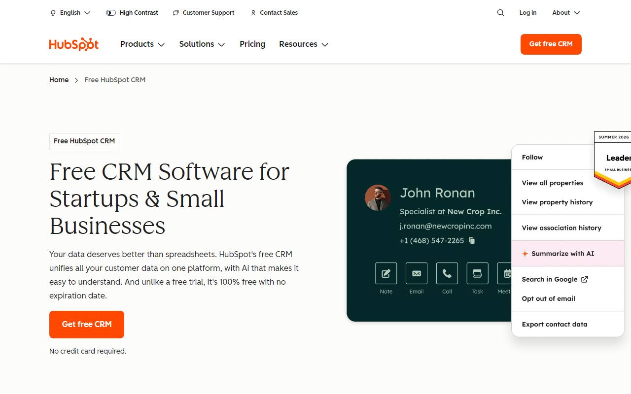 Screenshot of HubSpot CRM Free — popular alternative to Salesforce Sales Cloud