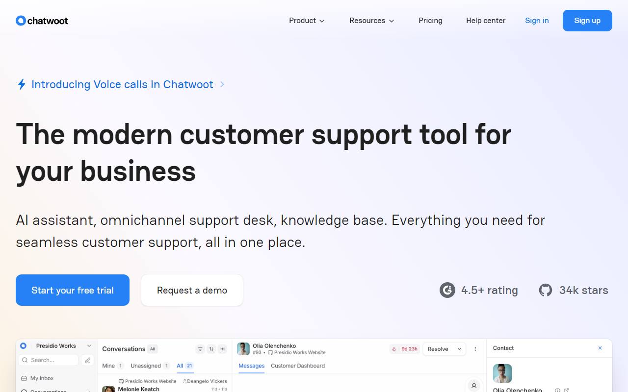 Screenshot of Chatwoot — popular alternative to Zendesk Suite